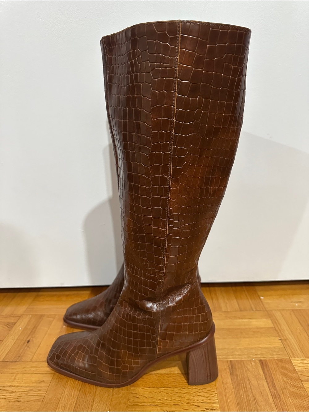 ALOHAS Chestnut Croc-Embossed Knee-High Heeled Boots - Picture 2 of 6